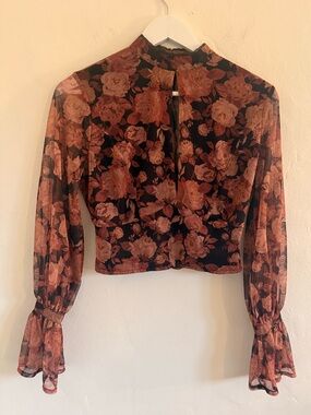 Floral Mesh Long-Sleeve Crop Top - Black & Rust